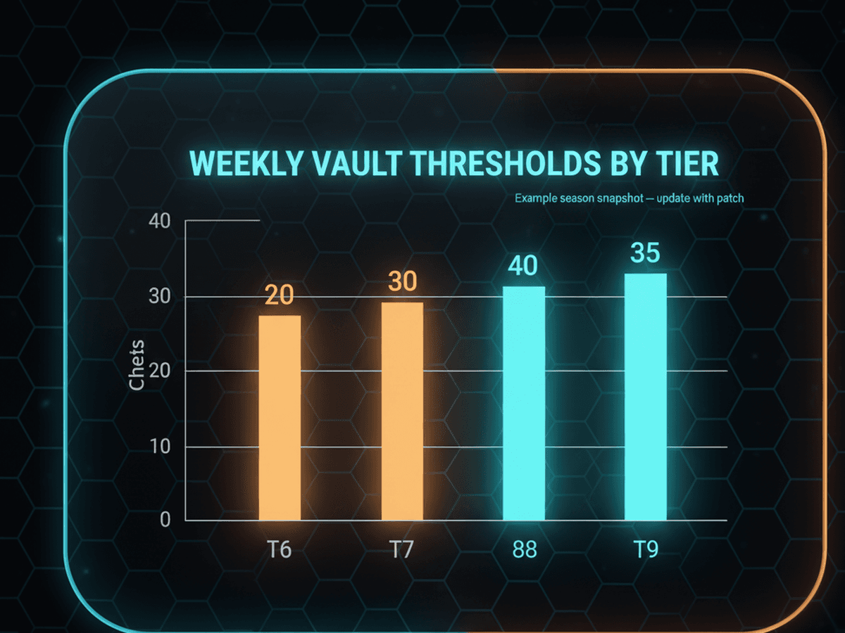 Weekly vault thresholds by tier — example snapshot: T6 20, T7 30, T8 40, T9 35 chests