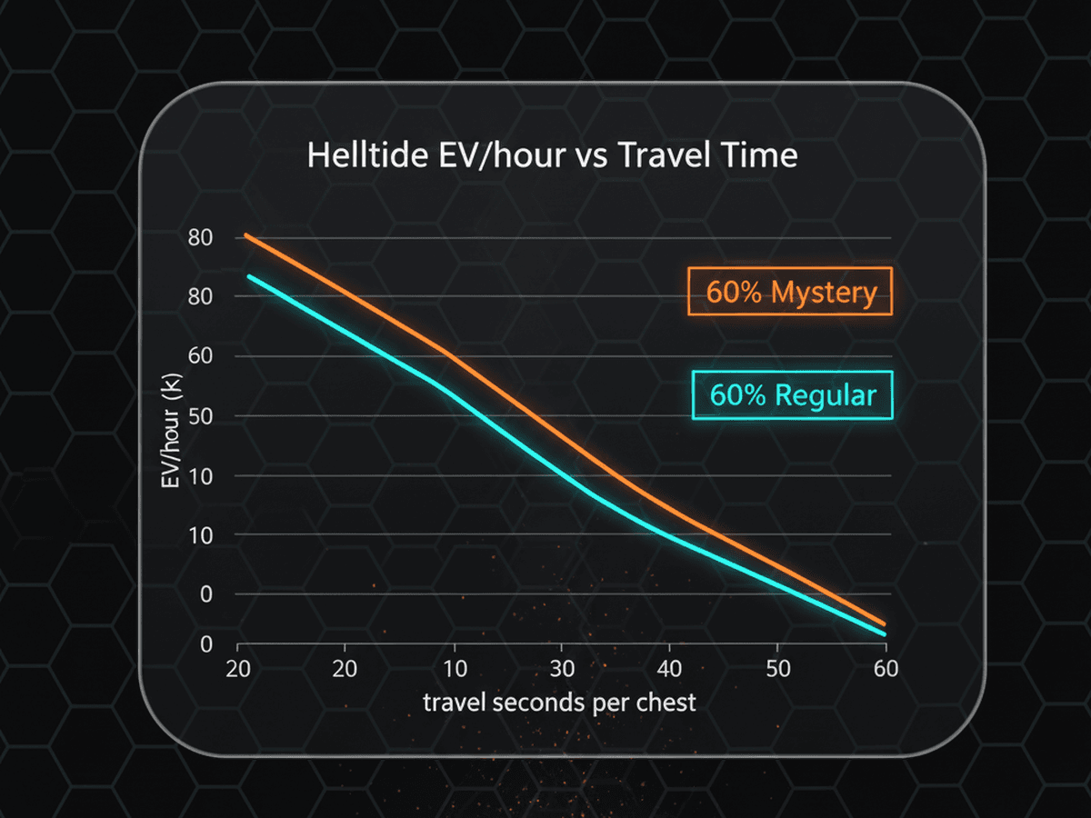 Helltide EV per hour decreases as travel seconds per chest increase, with mystery vs regular mix