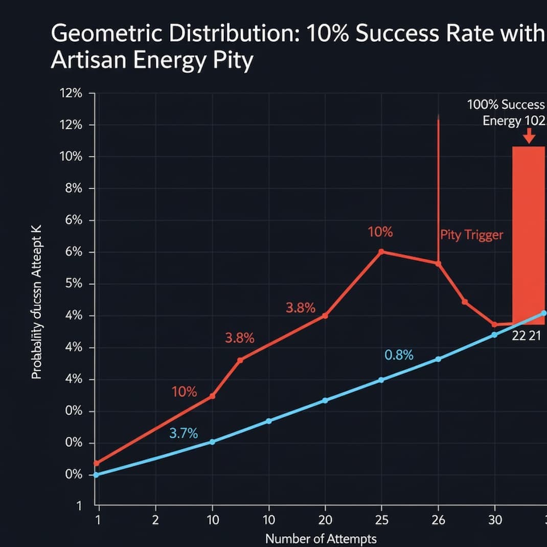 Chart comparing standard geometric distribution with infinite tail to truncated distribution capped at 22 attempts, showing probability density across attempt counts and eliminated long tail outliers