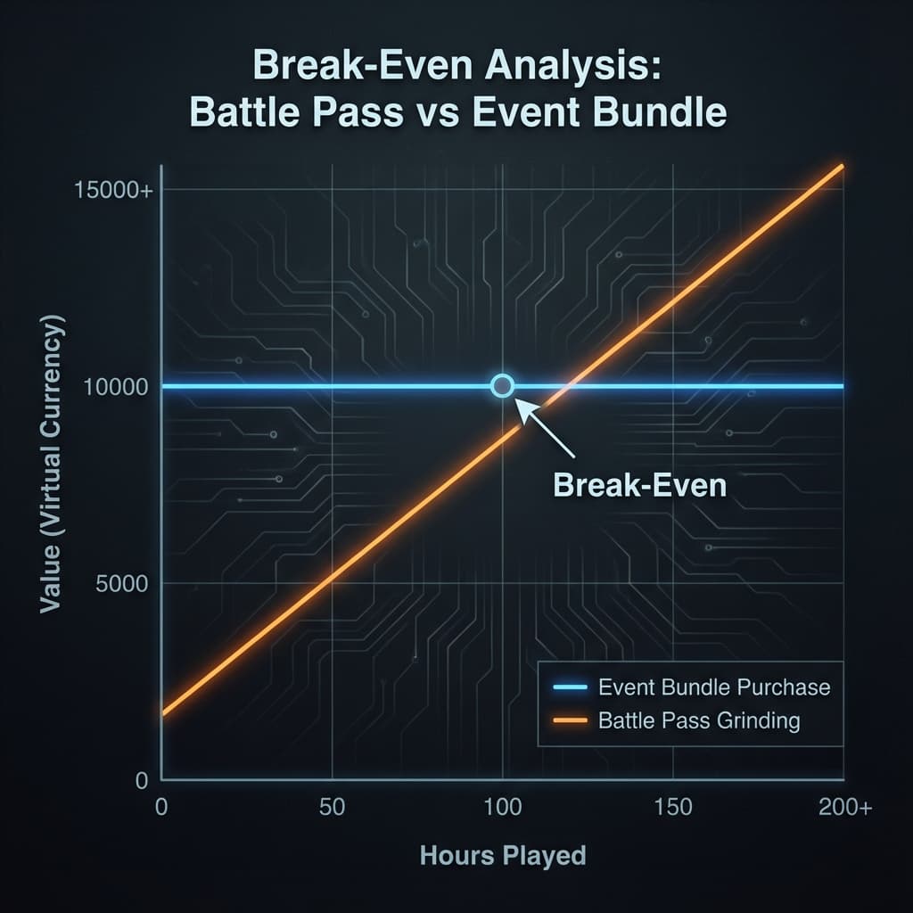 Battle pass versus event bundle break-even analysis chart showing completion probability curves, time-to-tier projections, and premium currency ROI comparison across different season timing scenarios