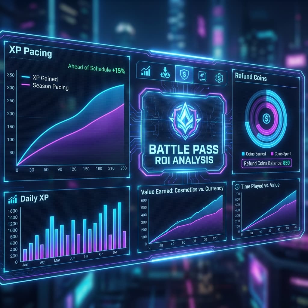 Battle pass ROI analysis hero showing XP pacing curves, refund coin breakpoints, and event bundle comparison charts
