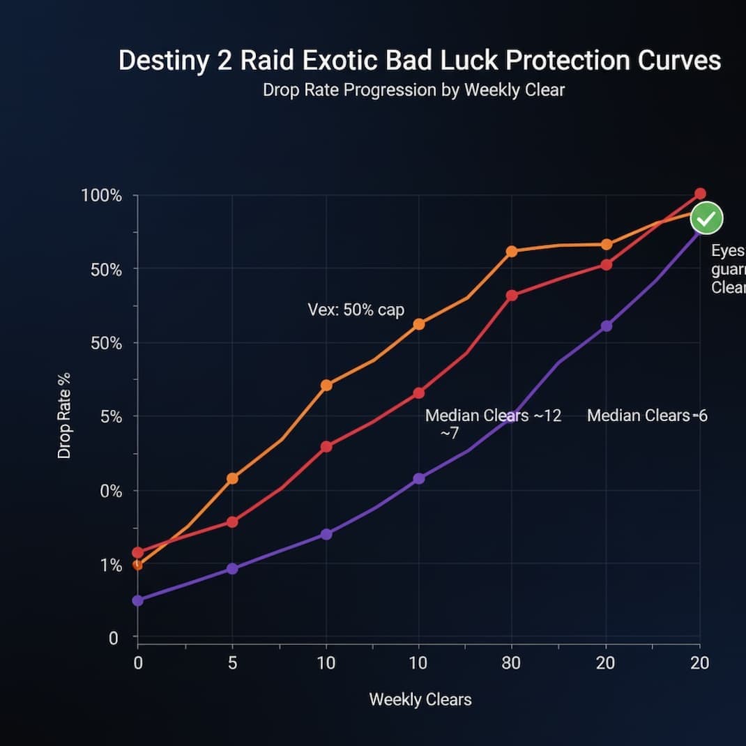 Chart comparing bad luck protection curves for different raid exotics: Eyes of Tomorrow reaching 100% at 20 clears, Vex Mythoclast capping at 50% at 10 clears, and 1000 Voices capping at 50% at 9 clears