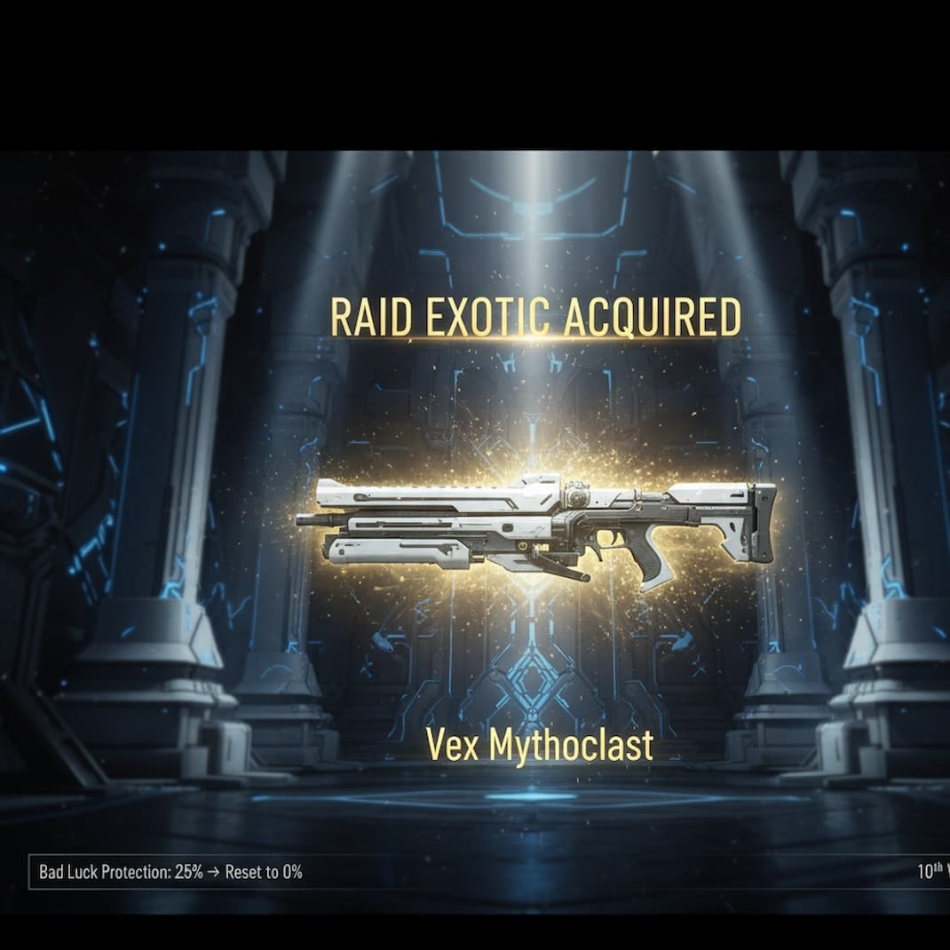 Destiny 2 raid exotic loot screen showing Vex Mythoclast drop with bad luck protection notification