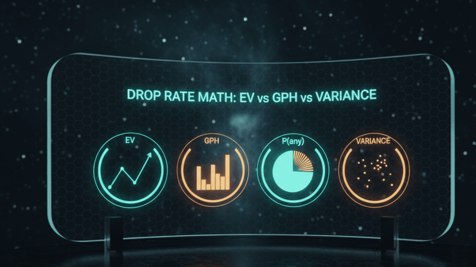 Drop rate math dashboard with EV, GPH, P(any) and variance charts