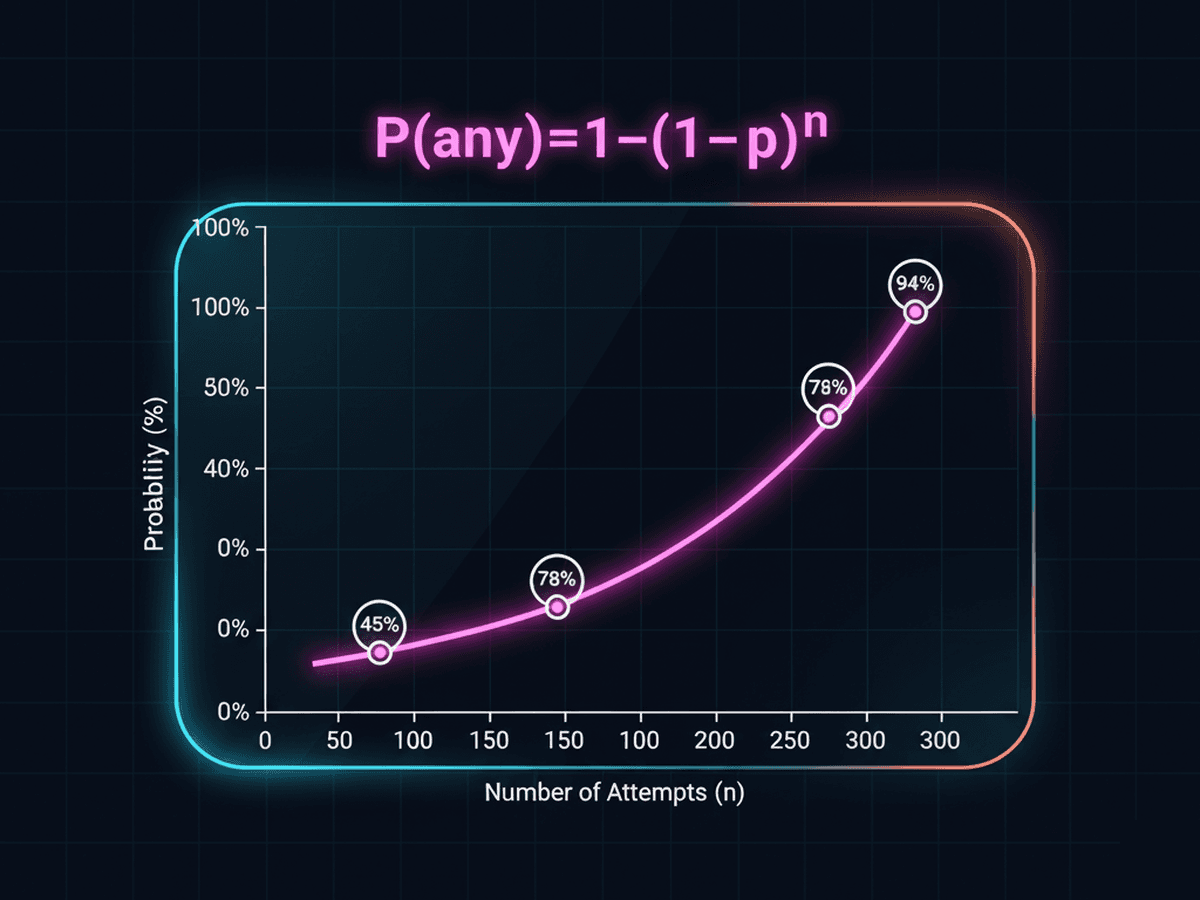 Cumulative probability P(any) of at least one valuable drop across multiple maps
