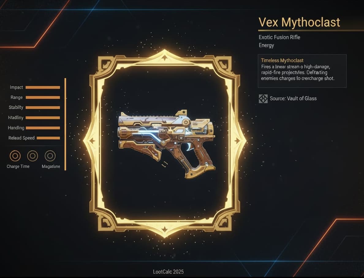 Vex Mythoclast exotic fusion rifle displayed in Destiny 2 collections with Vault of Glass raid exotic designation and Timeless Mythoclast perk description