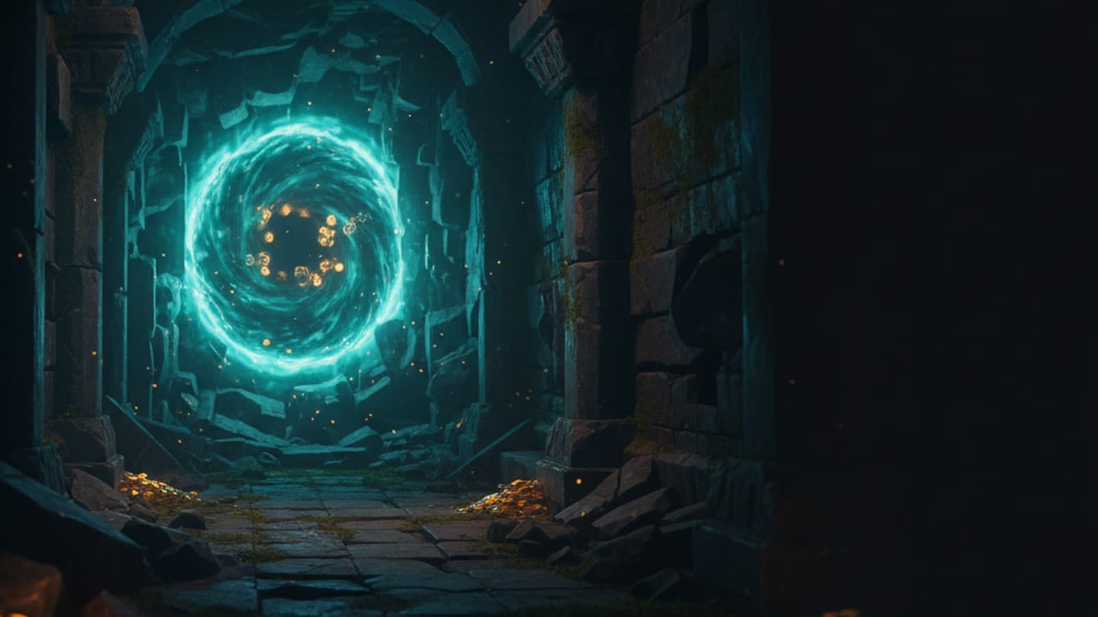 Dark fantasy corridor with glowing teal portal and scattered gold coins — WoW Delves theme