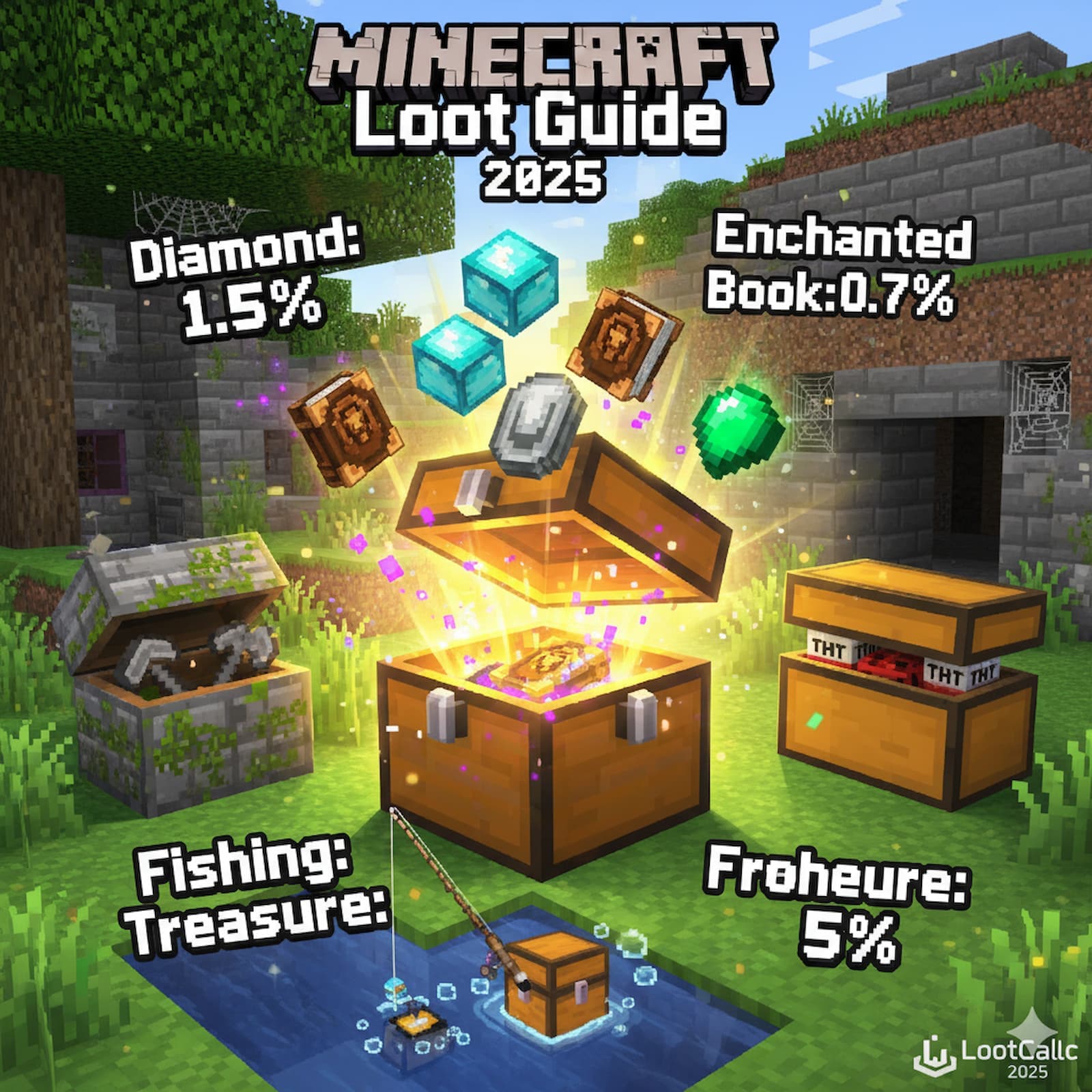 Minecraft player opening a treasure chest with enchanted items and valuable loot displayed in various structures