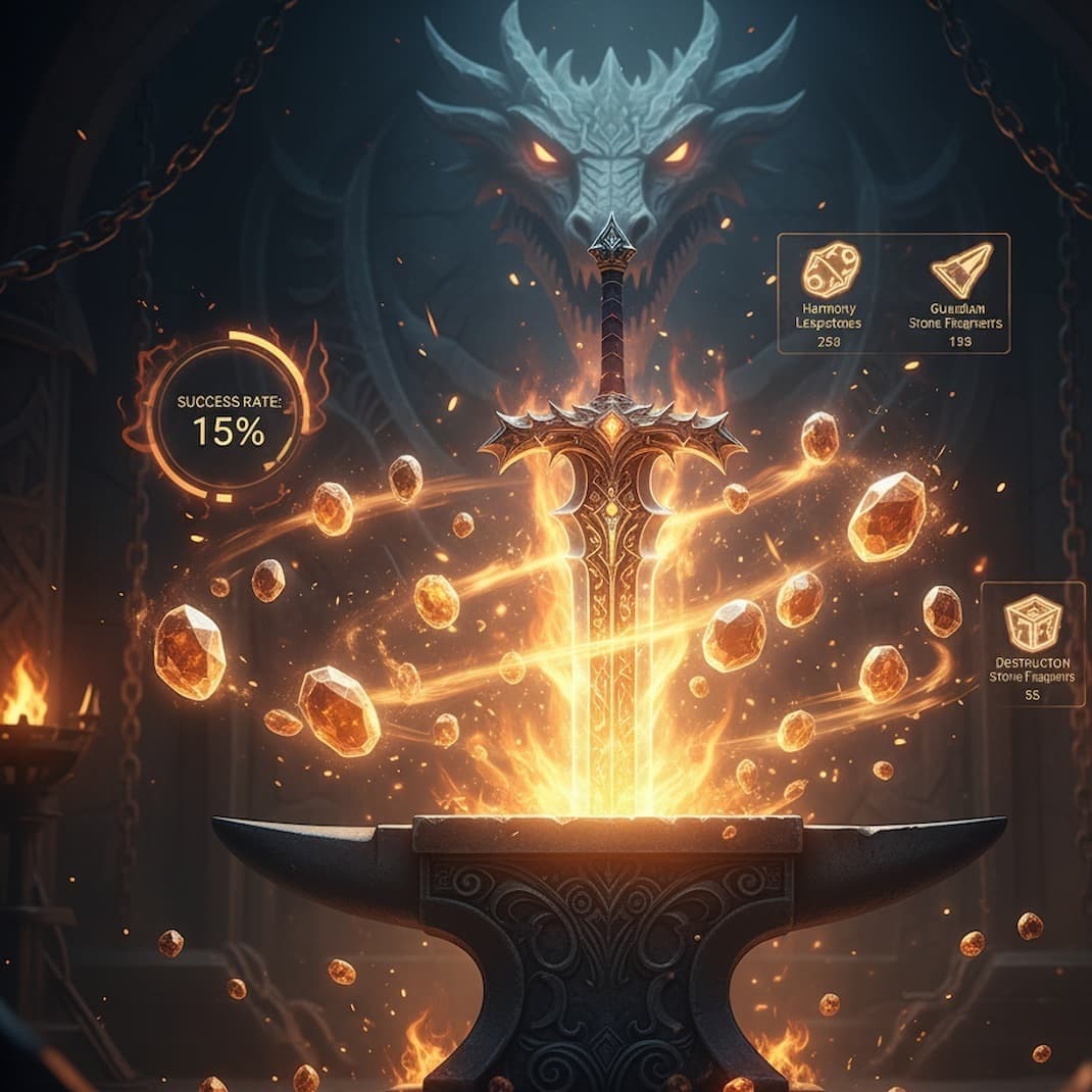 Lost Ark honing interface showing success rates and material requirements