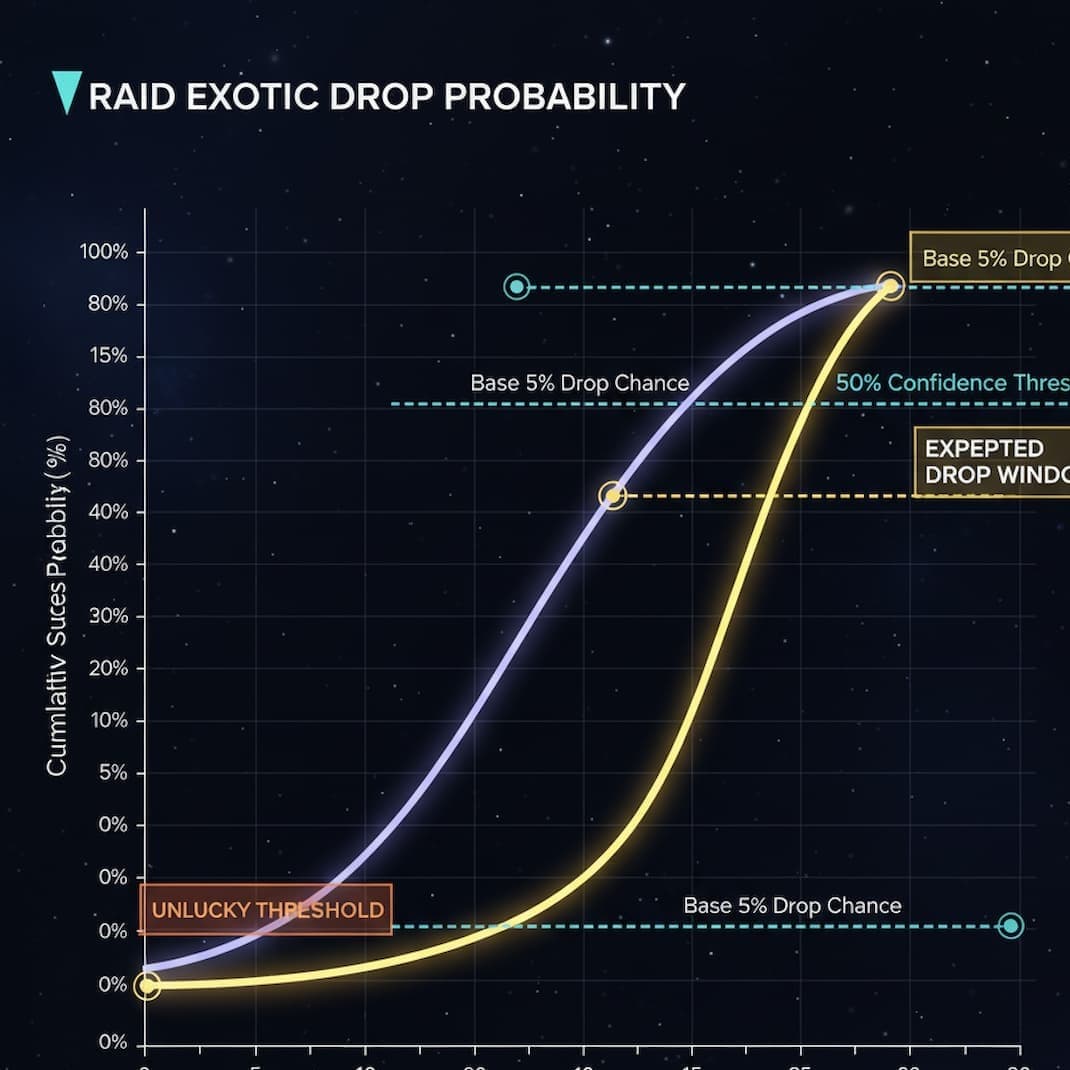 Chart showing cumulative success probability increasing over weeks/clears, with base 5% drop chance line, 50% confidence threshold marker, expected drop window, and unlucky threshold zone