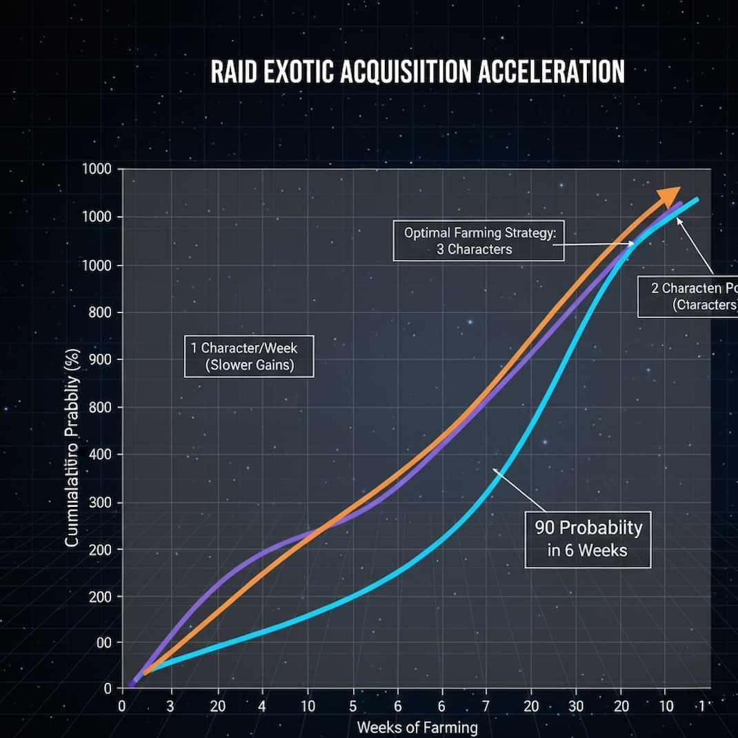 Chart comparing cumulative drop probability over weeks of farming for 1, 2, and 3 characters, showing optimal farming strategy of 3 characters and 90% probability breakeven point at 6 weeks