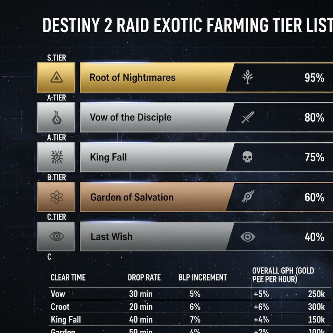 Bar chart ranking Destiny 2 raids by farming efficiency, showing clear times, difficulty levels, and optimal farm priority recommendations from Crota's End (fastest) to King's Fall (slowest)