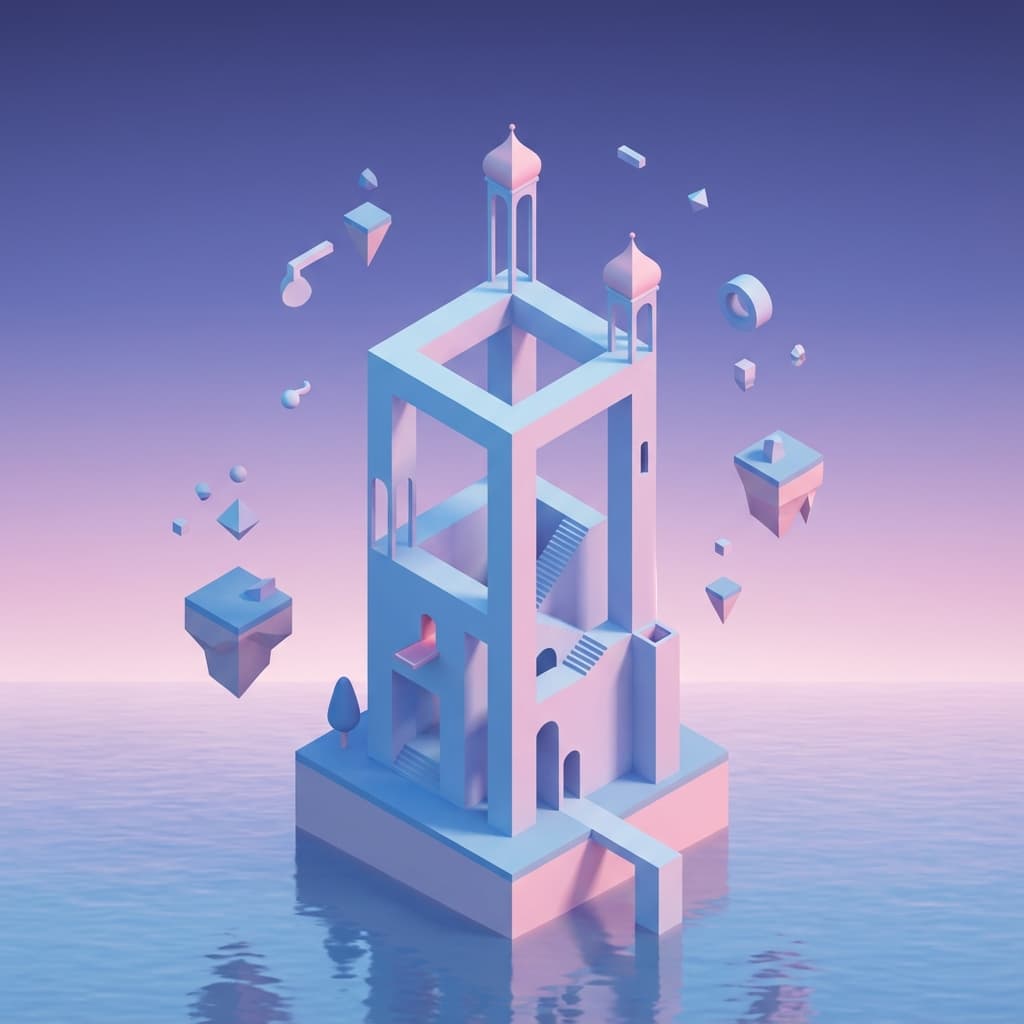 Monument Valley 3 inspired minimal scene – hub for level completion, collectibles, achievements, routes, and time estimates